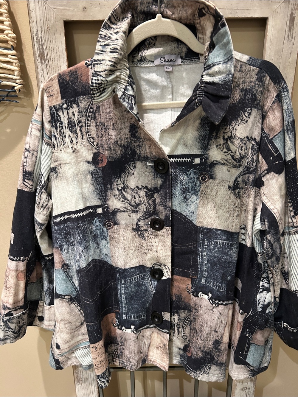 Shana Women's Patchwork-Print Jean Jacket in Beige, Black & Blue